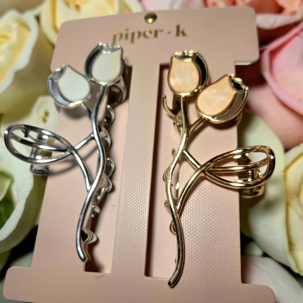 NEW Piper K Tulips Flowers Double-Sided 2-Pack Metal Hair Claw Clip 5